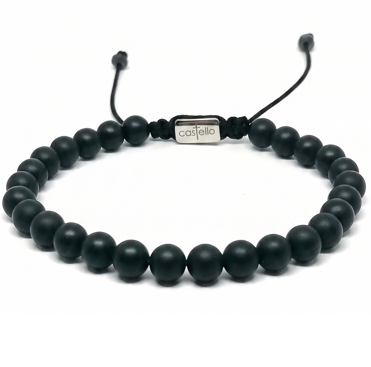 Matte black beaded bracelet with a silver rectangular brand plaque reading 'castello' on a black adjustable cord, photographed on a white background.