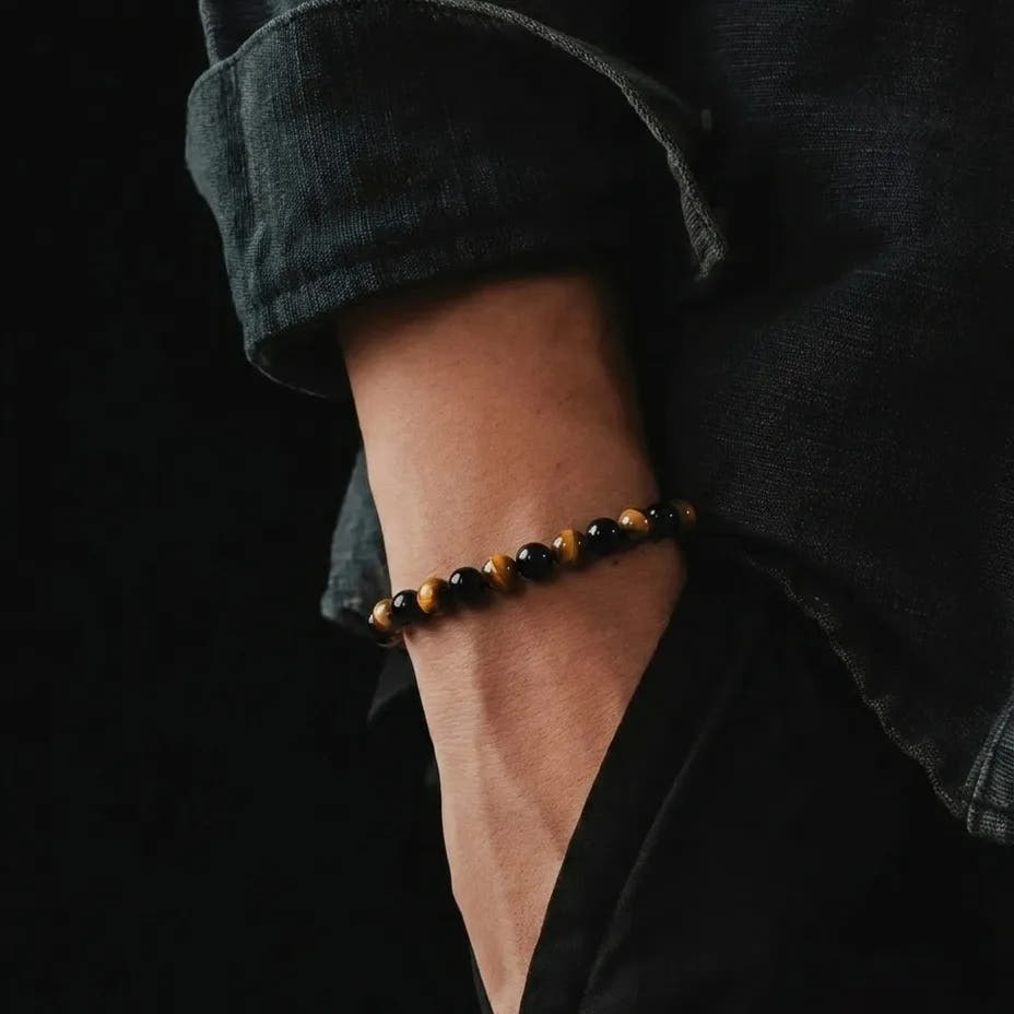 Polished Tiger's Eye & Onyx Bracelet, 6mm, view 2 | Castello Jewels