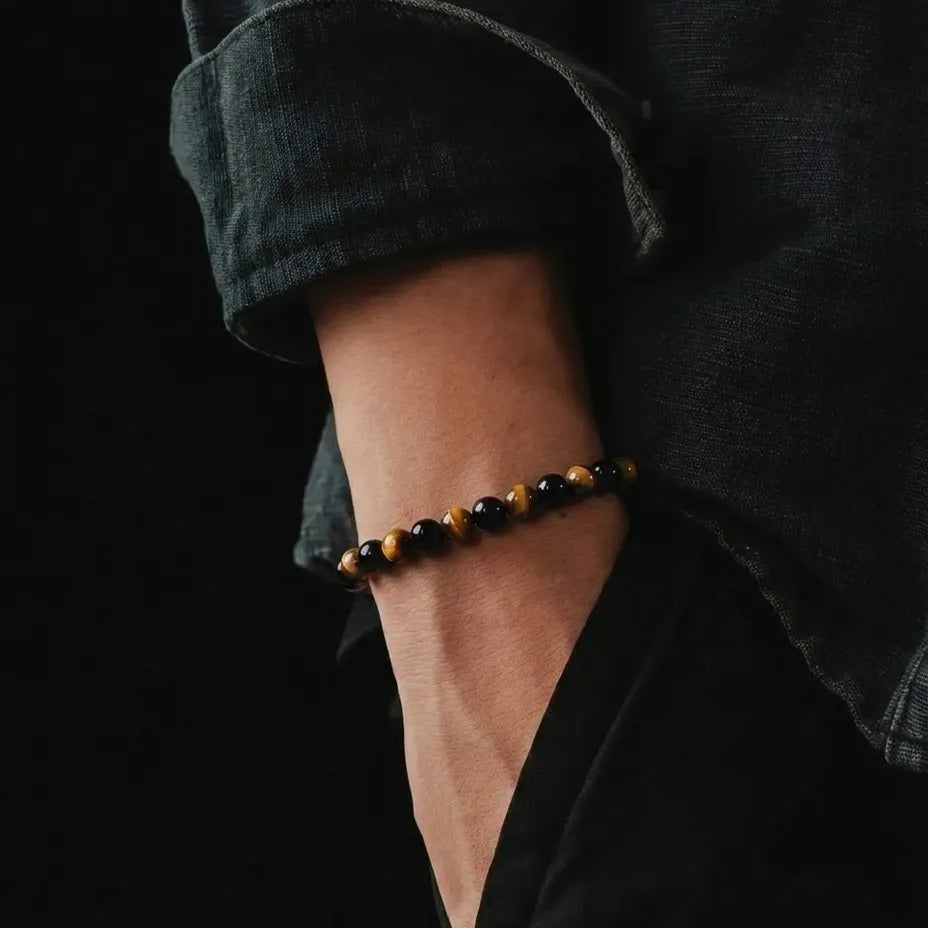 Polished Tiger's Eye & Onyx Bracelet, 6mm, view 2 | Castello Jewels