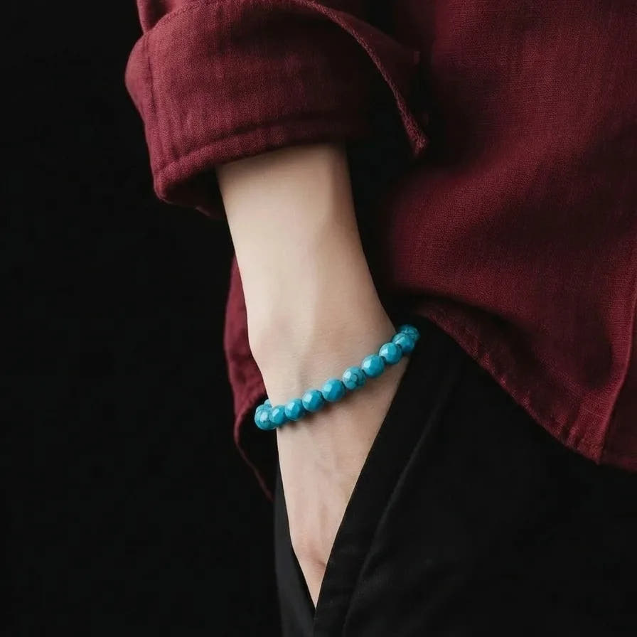 Turquoise Beaded Bracelet, Sterling Silver, 6mm, view 2 | Castello Jewels