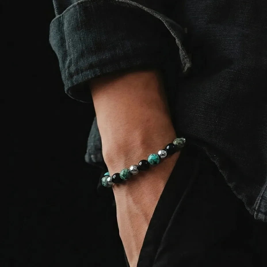 African Turquoise, Onyx & Hematite Bracelet, 6mm, view 2 | Castello Jewels