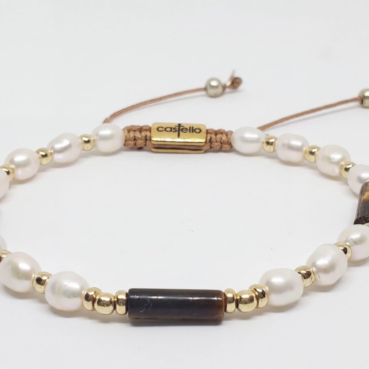 Tiger's Eye & Pearl Gold-Plated Bracelet, Sterling Silver, 6mm | Castello Jewels