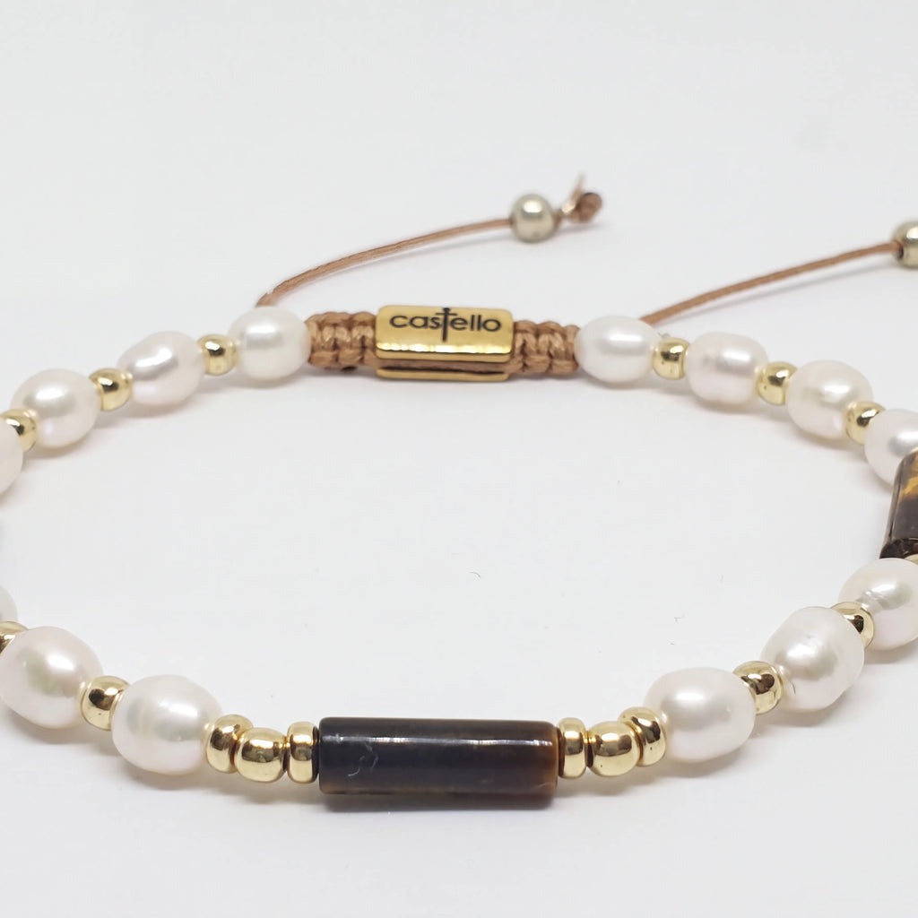 Tiger's Eye & Pearl Gold-Plated Bracelet, Sterling Silver, 6mm | Castello Jewels