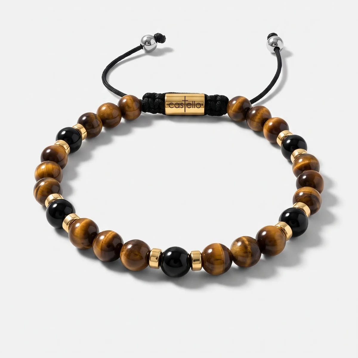 Classic Gold-Plated Polished Tiger's Eye & Onyx Bracelet, 6mm | Castello Jewels