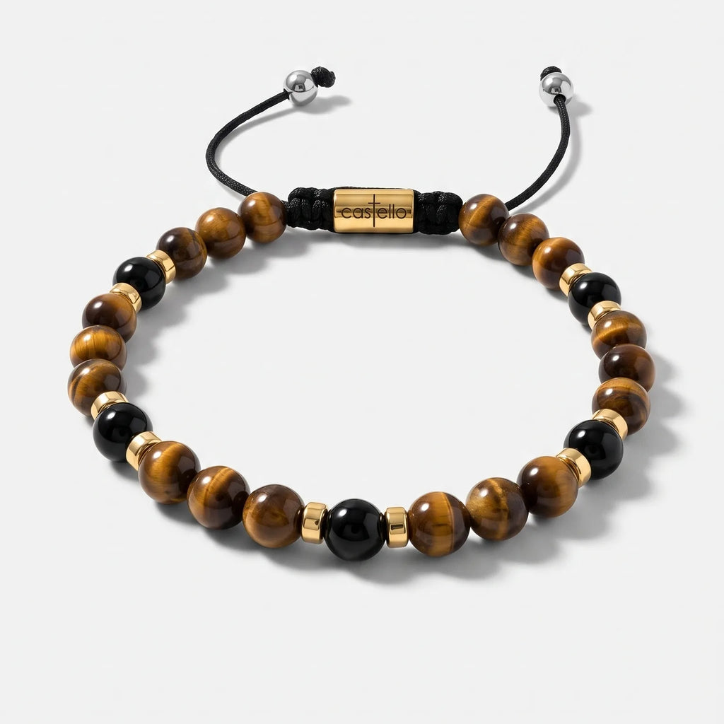 Classic Gold-Plated Polished Tiger's Eye & Onyx Bracelet, 6mm | Castello Jewels