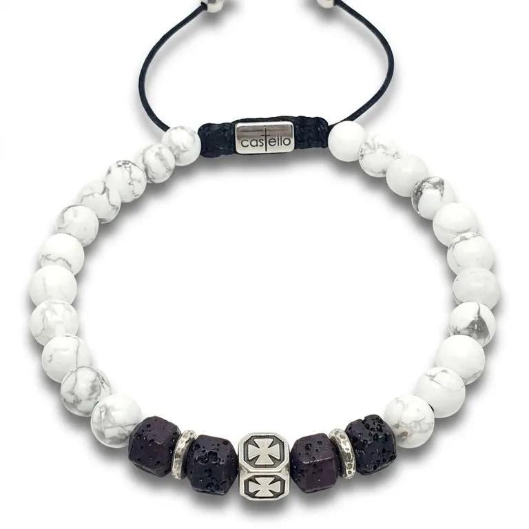 Knights Howlite & Square Lava Stacking Bracelet, 6mm | Castello Jewels