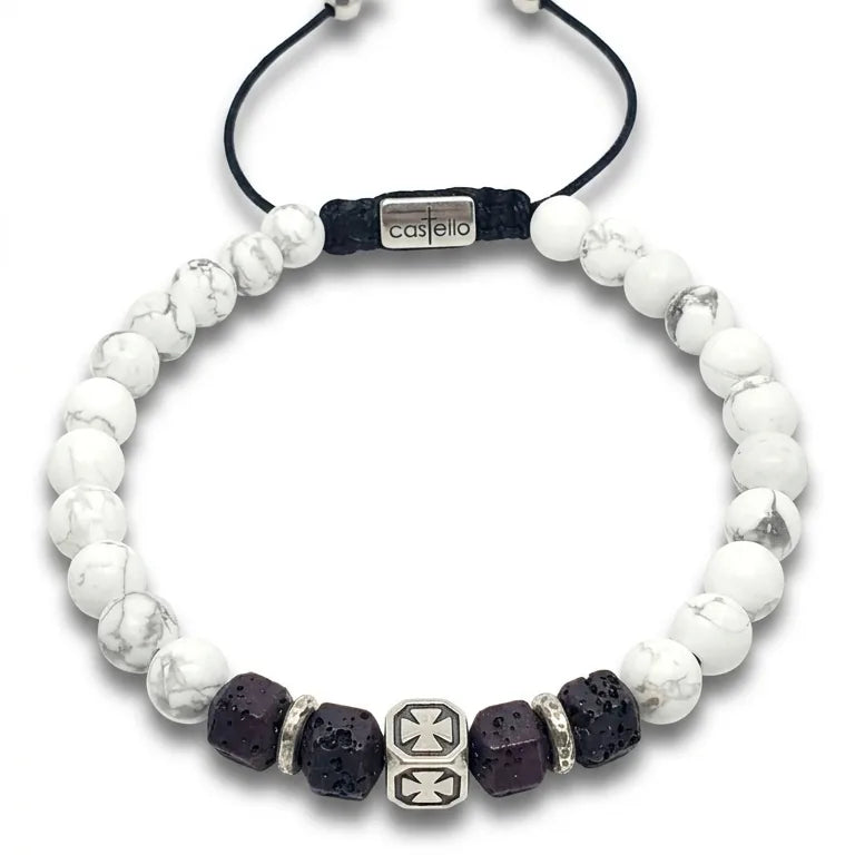 Knights Howlite & Square Lava Stacking Bracelet, 6mm | Castello Jewels