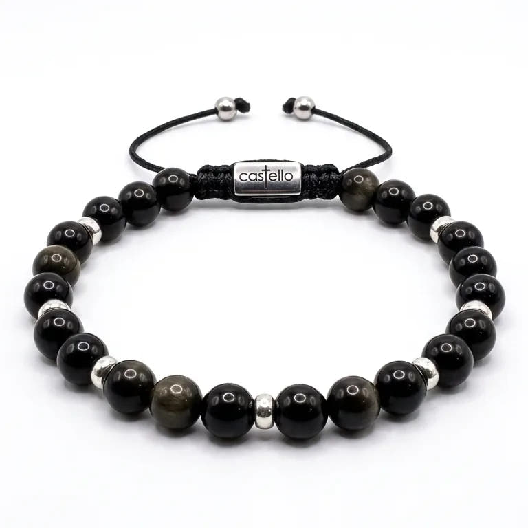 Minimal Polished Obsidian Rondel Sterling Silver Bracelet, 6mm | Castello Jewels