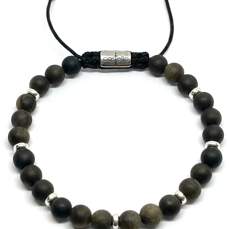 Minimal Matte Obsidian Rondel Sterling Silver Bracelet, 6mm | Castello Jewels
