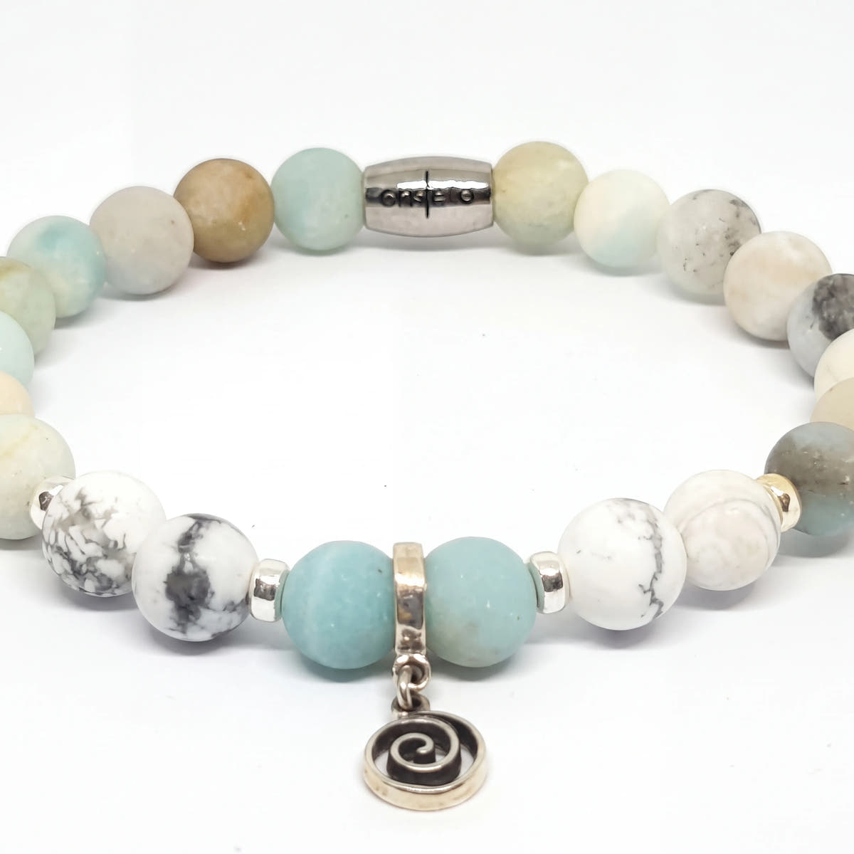 Greek Spiral Charm Bracelet, Amazonite & Howlite, 8mm | Castello Jewels