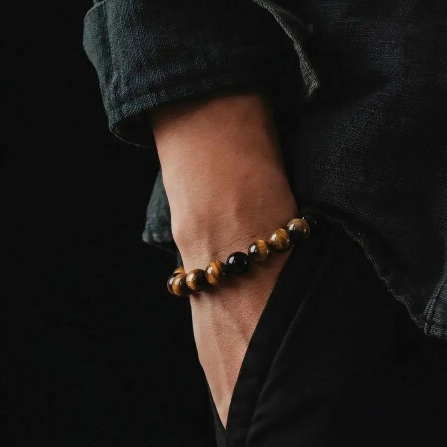 Polished Tiger's Eye & Onyx Men's Bracelet, 8mm, view 2b | Castello Jewels