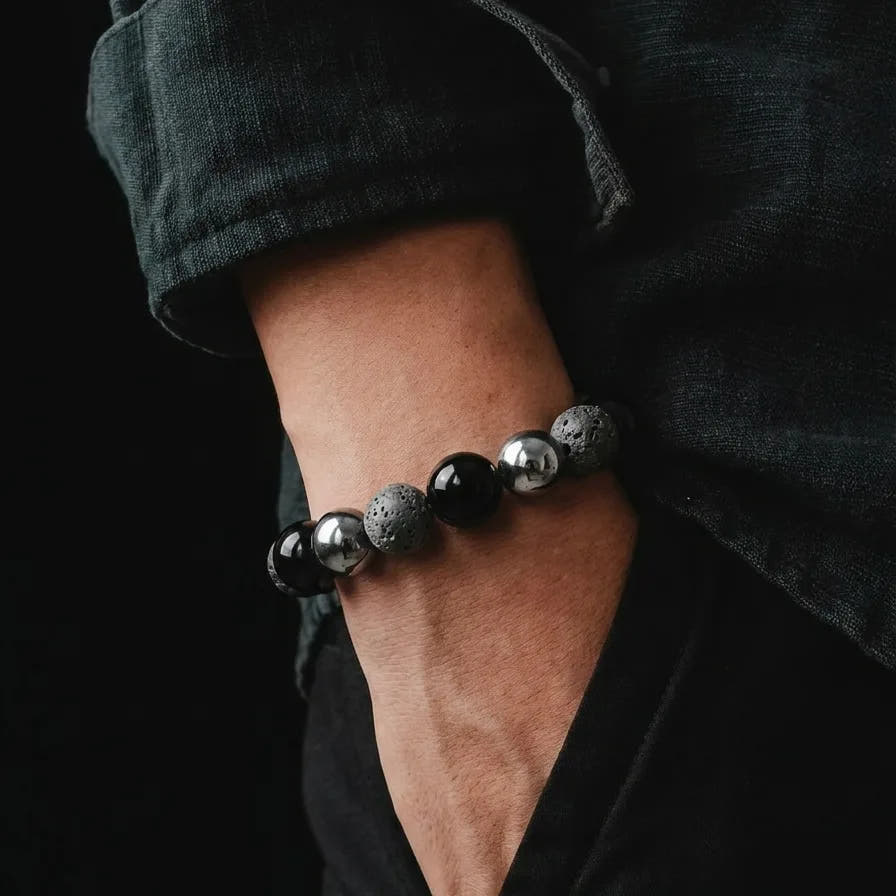 Onyx, Hematite & Lava Boho Bracelet, 8mm, view 2 | Castello Jewels