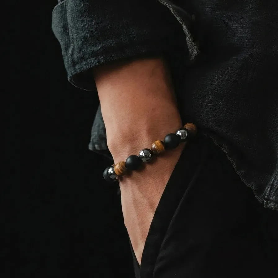 Hematite, Onyx & Tiger's Eye Men's Bracelet, 8mm, view 2 | Castello Jewels