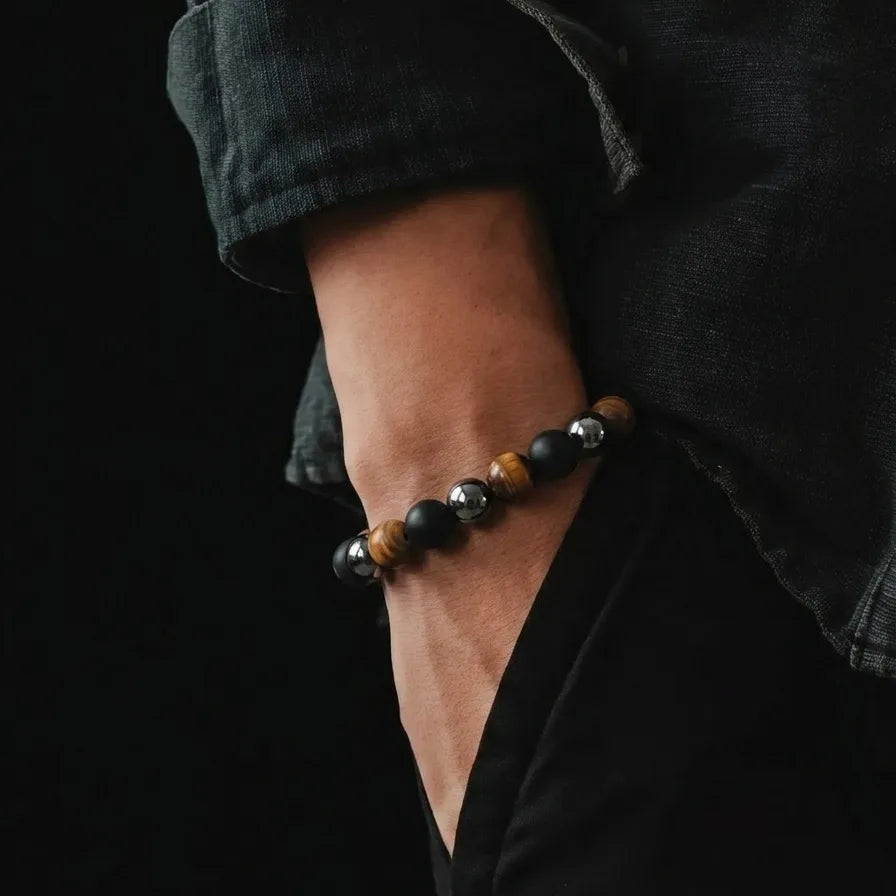 Hematite, Onyx & Tiger's Eye Men's Bracelet, 8mm, view 2 | Castello Jewels