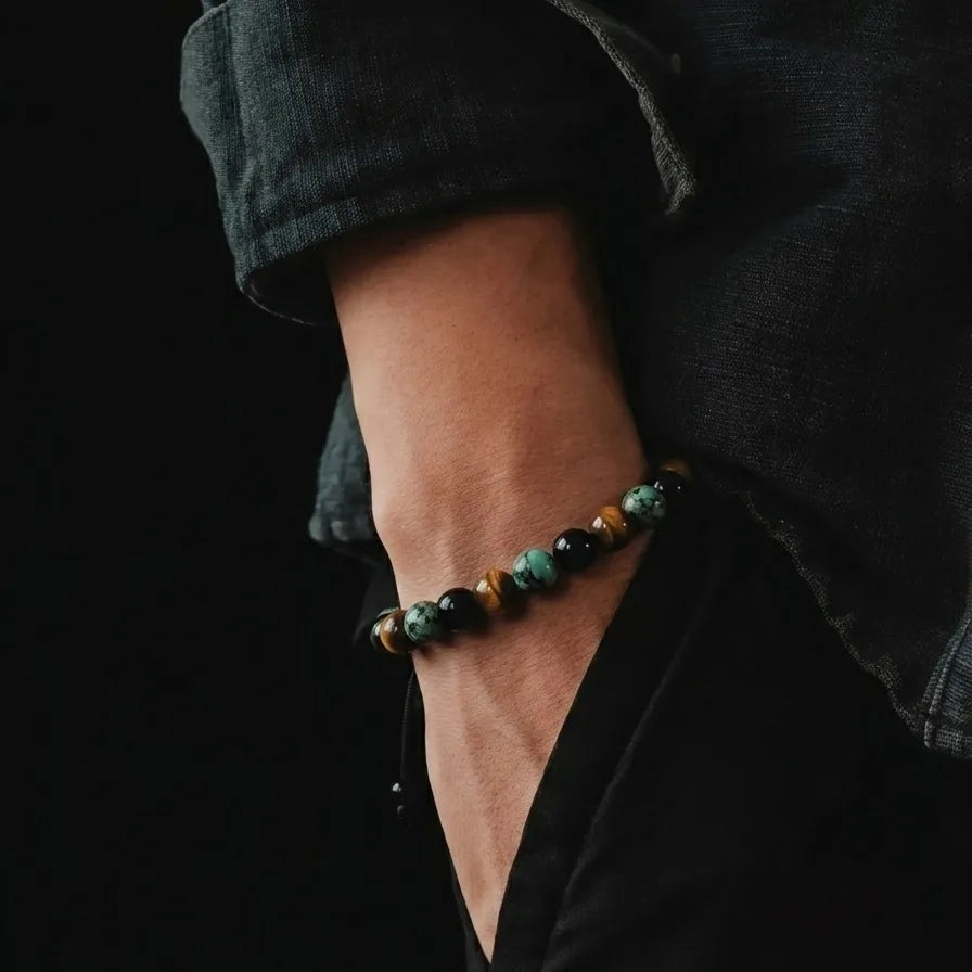 African Turquoise, Tiger's Eye & Onyx Bracelet, 8mm, view 2 | Castello Jewels