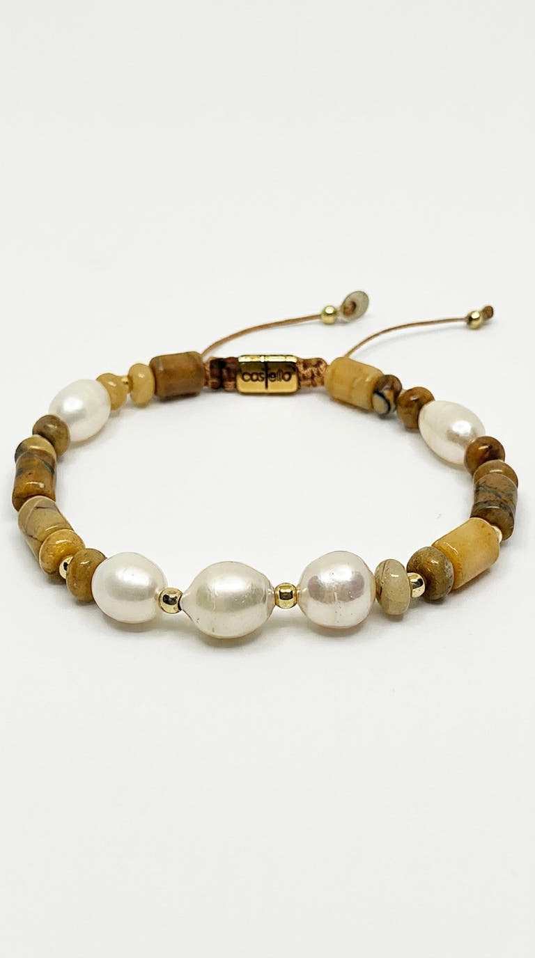 Gold-Plated Tube Bead & Pearl Bracelet, Sterling Silver, 8mm | Castello Jewels