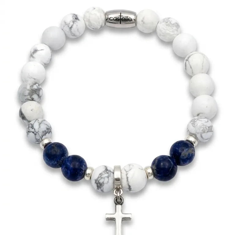 Howlite & Sodalite Cross Bracelet, Sterling Silver, 8mm | Castello Jewels