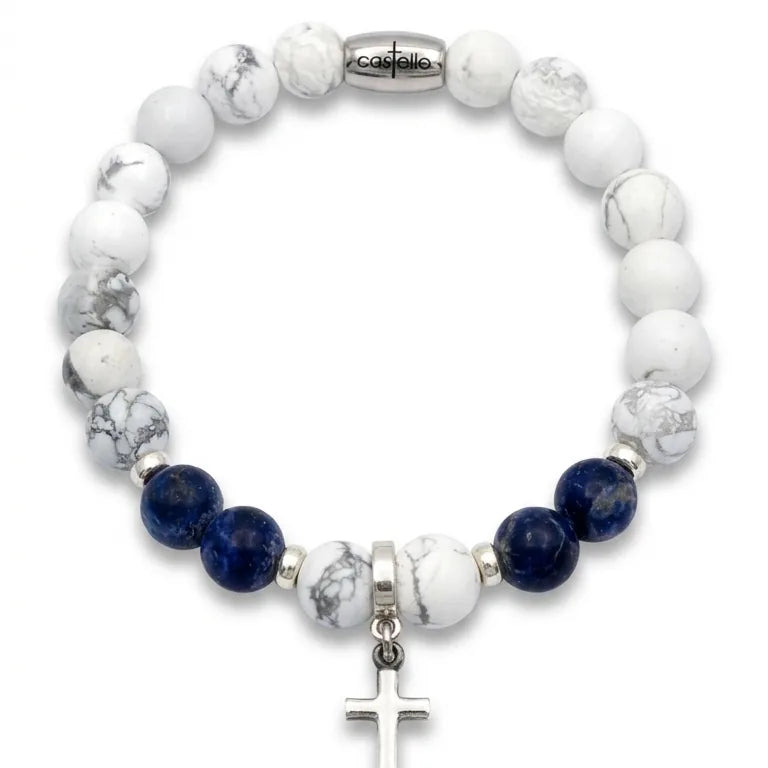 Howlite & Sodalite Cross Bracelet, Sterling Silver, 8mm | Castello Jewels