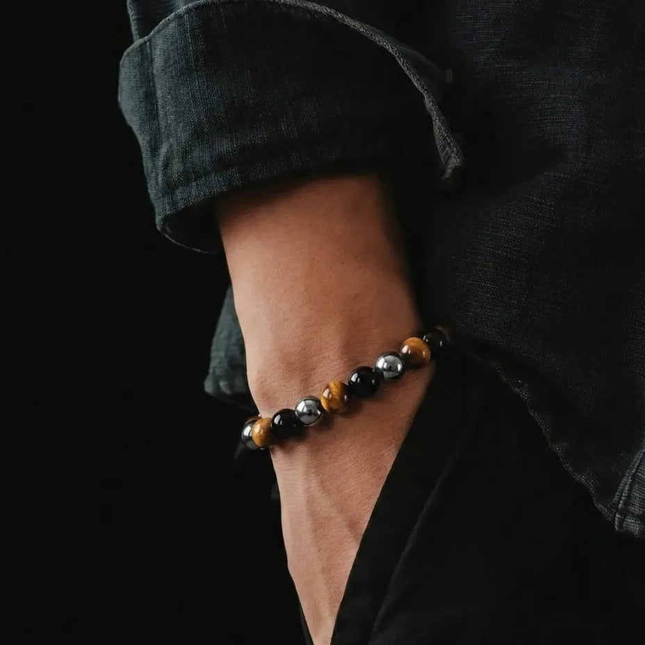 Polished Onyx, Tiger's Eye & Hematite Men's Bracelet · 10mm