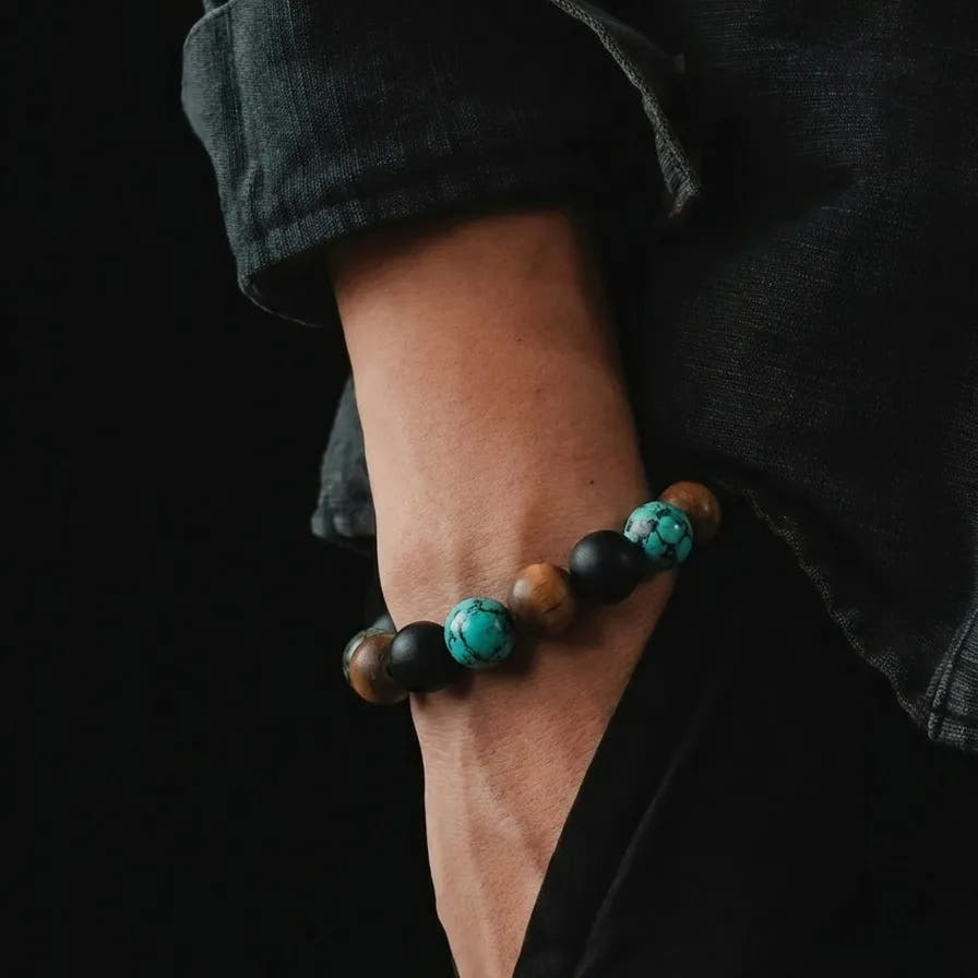 Onyx, Tiger's Eye & African Turquoise Gemstone Bracelet · 10mm