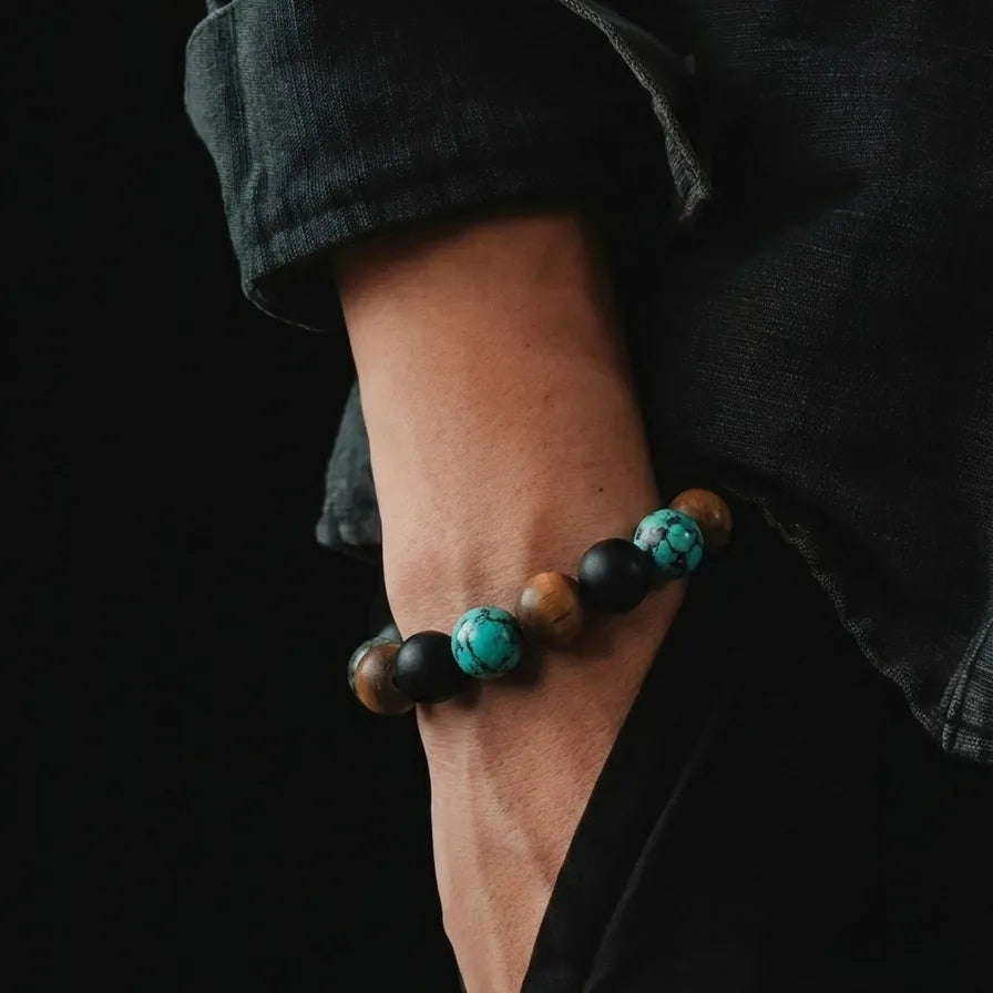 Onyx, Tiger's Eye & African Turquoise Gemstone Bracelet · 10mm