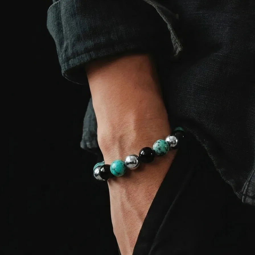 Onyx, Hematite & African Turquoise Men's Bracelet · 10mm