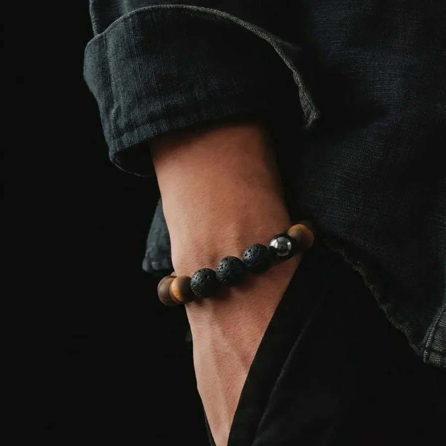 Tiger's Eye, Hematite & Lava Beaded Bracelet, 10mm