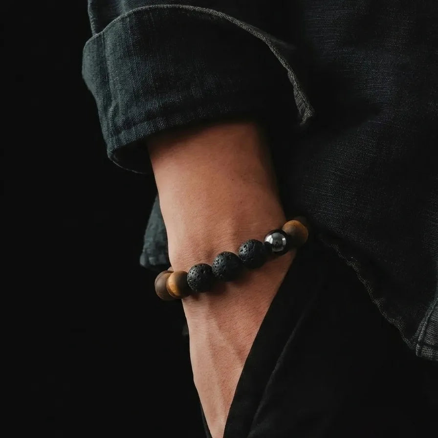 Tiger's Eye, Hematite & Lava Beaded Bracelet, 10mm
