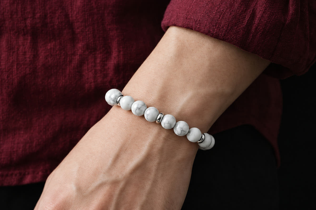 Minimal Matte Howlite Sterling Silver Bracelet, 6mm, view 2 | Castello Jewels