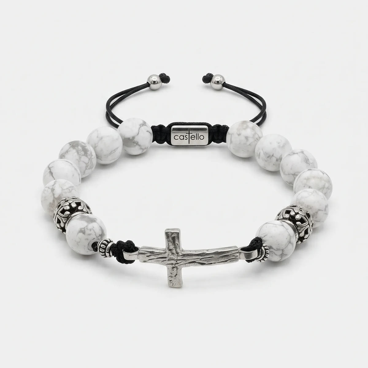 Howlite Cross Bracelet, Sterling Silver, 10mm | Castello Jewels