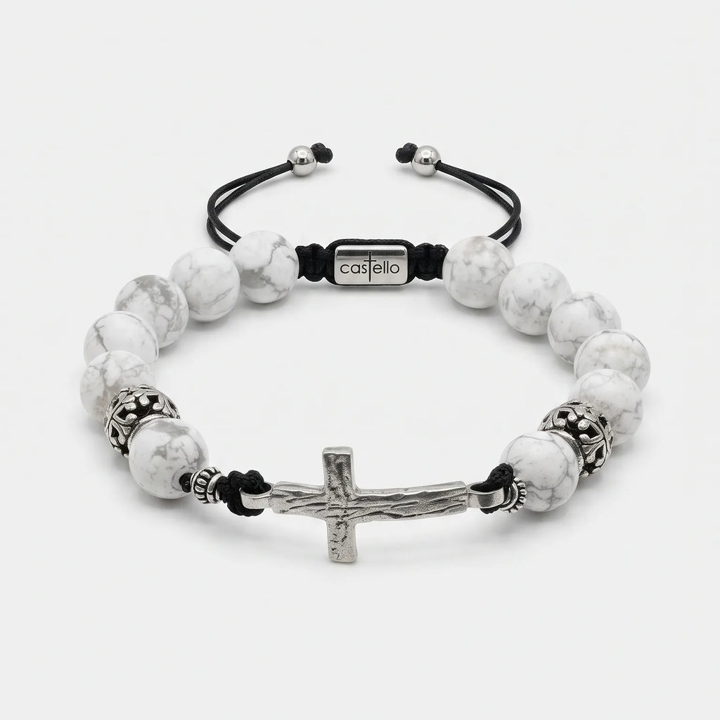 Howlite Cross Bracelet, Sterling Silver, 10mm | Castello Jewels