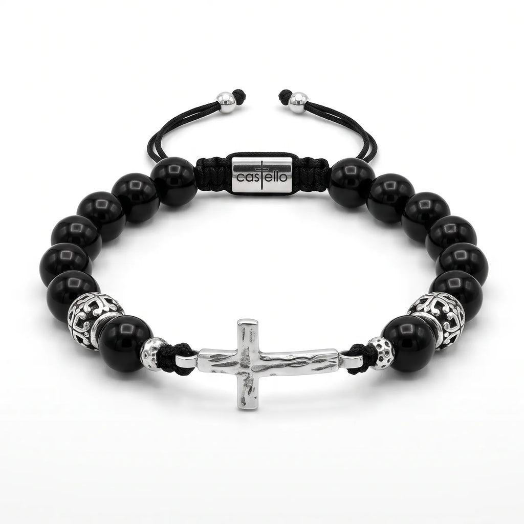 Polished Onyx Cross Bracelet for Men, 10mm | Castello Jewels