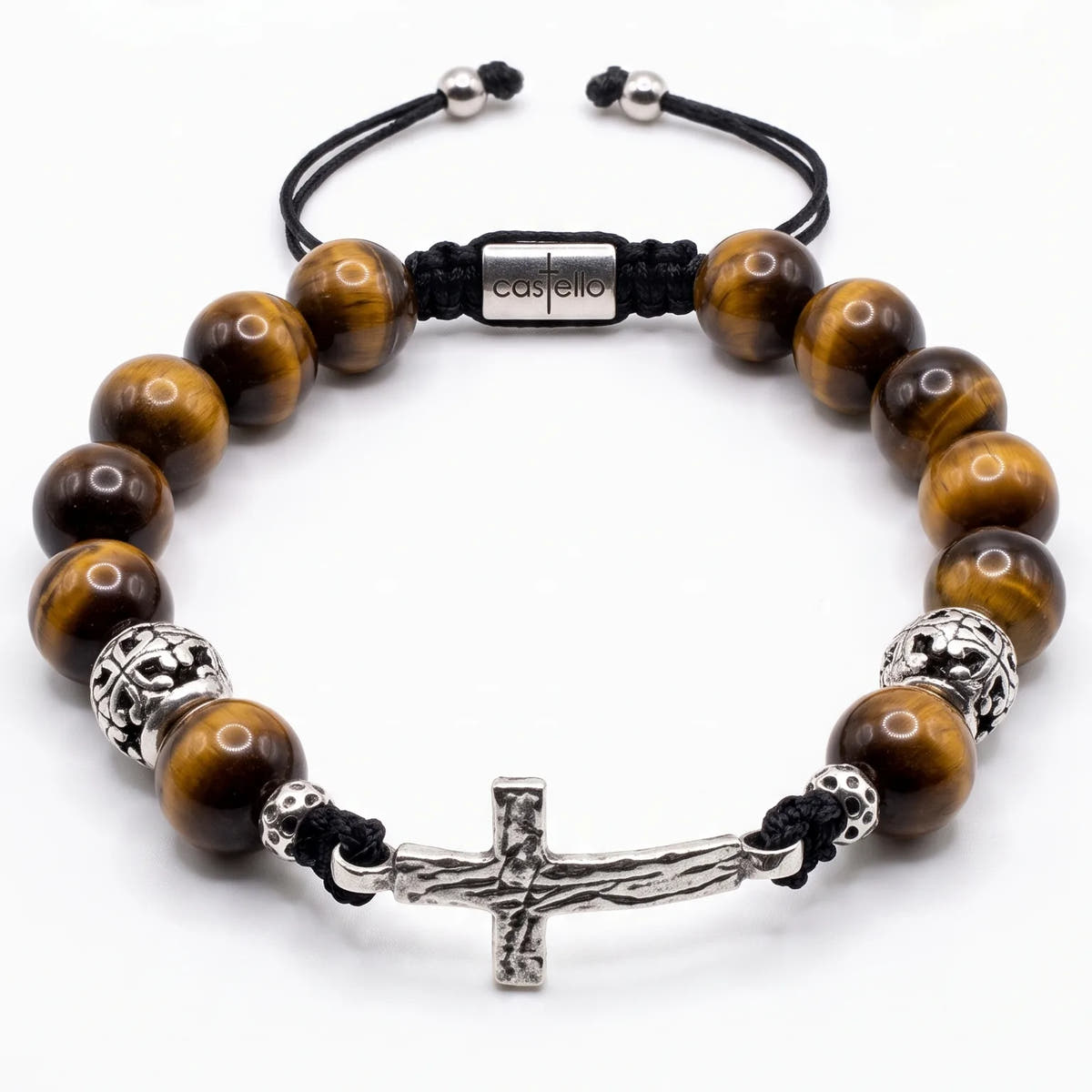 Polished Tiger's Eye Cross Bracelet for Men, 10mm | Castello Jewels
