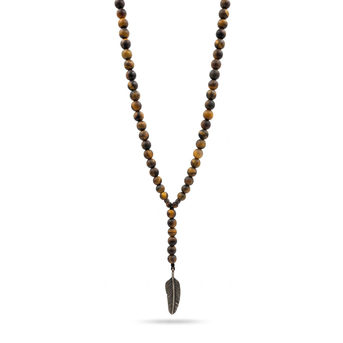 Tiger's Eye Rosary Necklace, Feather Pendant, Matte · 6mm