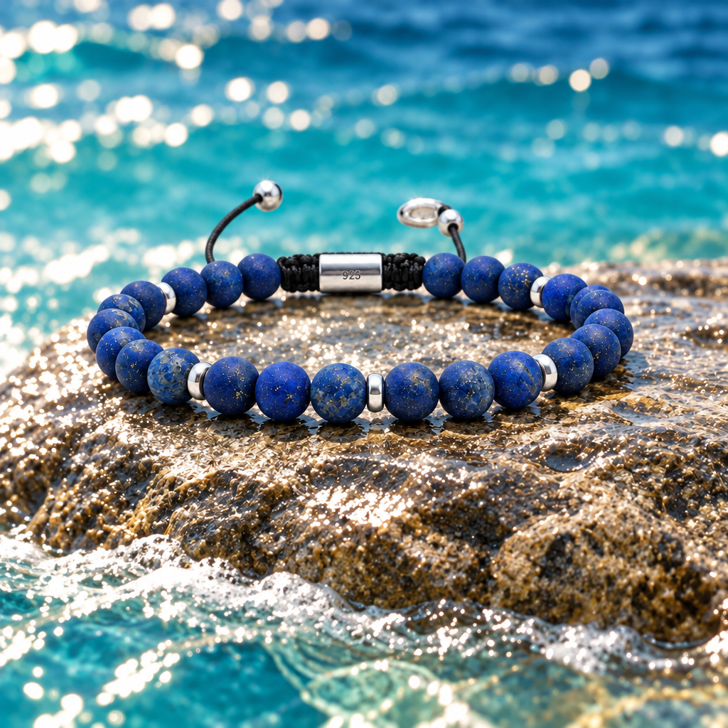 Matte Lapis Lazuli Bracelet in 925 Sterling Silver, 6mm, view 2 | Castello Jewels