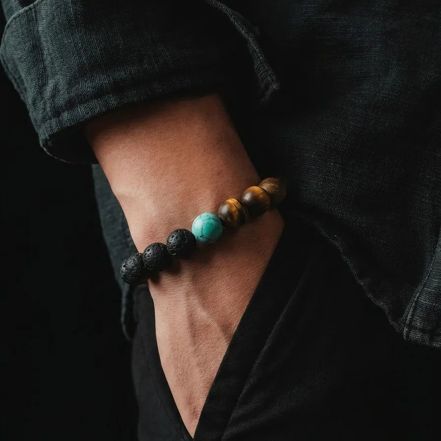 Lava, Onyx & Tiger's Eye Men's Bracelet · 10mm