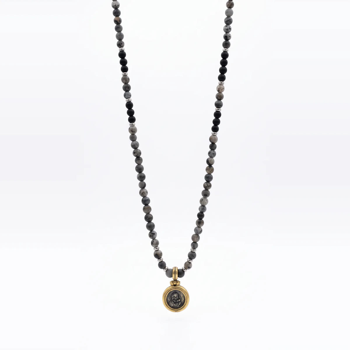 Labradorite & Onyx Rosary Necklace, Virgin Mary Pendant, 4mm | Castello Jewels
