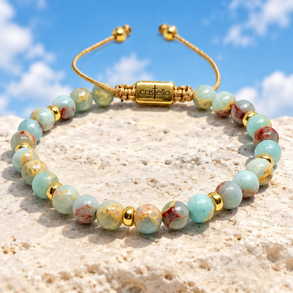 Snakeskin Jasper Macramé Bracelet, 6mm Beads, Gold-Plated Silver, view 2 | Castello Jewels