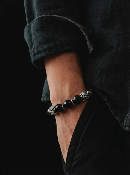 Hand Made Silver Bracelet MyKing Onyx Polish, Hematite stone 10mm — view 2 | Castello Jewels