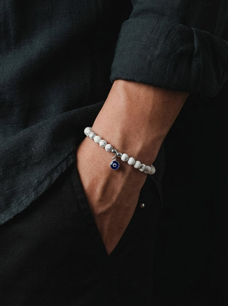 Hand Made Bracelet Evil Eye 925, Howlite stone 4mm — view 2 | Castello Jewels