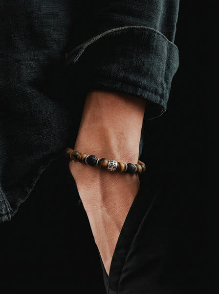 Knights Matte Tiger's Eye & Lava Beaded Bracelet, 8mm, view 3 | Castello Jewels