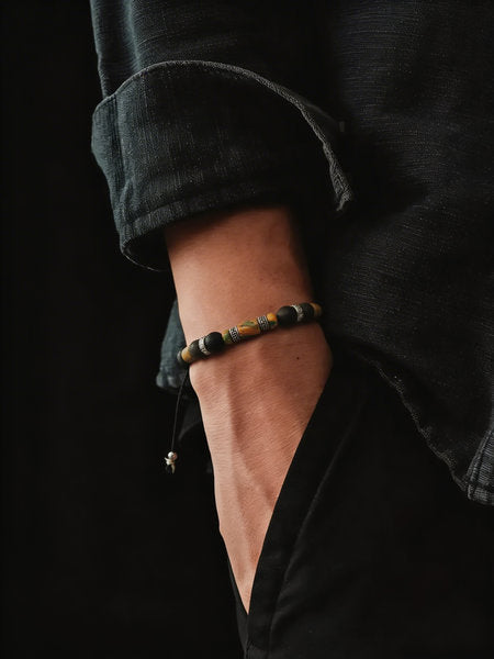 Hand Made Silver 925 Bracelet, Obsidian, Picasso stone 6mm — view 2 | Castello Jewels