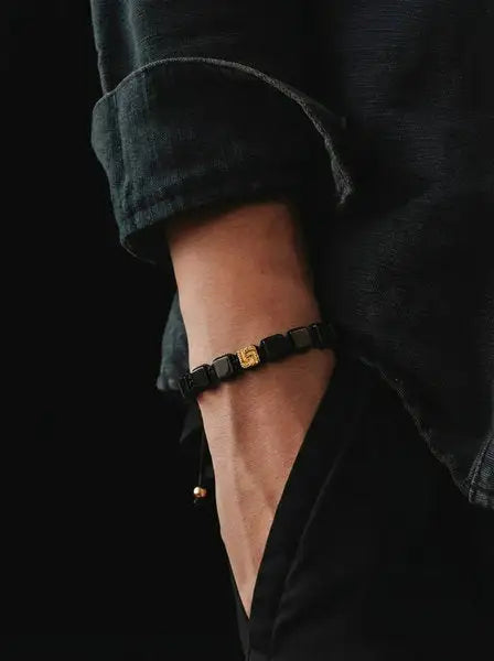 Hand Made Bracelet Ancient 925 Silver Gold Plated, Black Hematite 6*6mm stone — view 2 | Castello Jewels