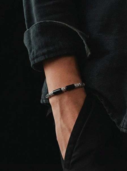 Hand Made Silver 925 Bracelet, Spectrolite & Black Obsidian Tube stone 4*9mm — view 2 | Castello Jewels