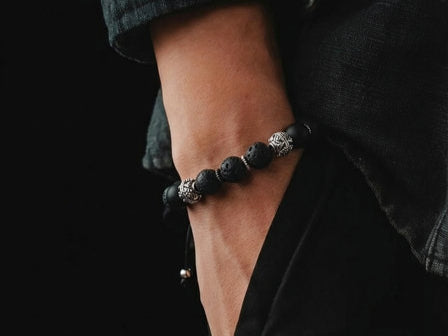Hand Made Silver Bracelet MyKing Lava, Onyx Mat stone 10mm — view 2 | Castello Jewels