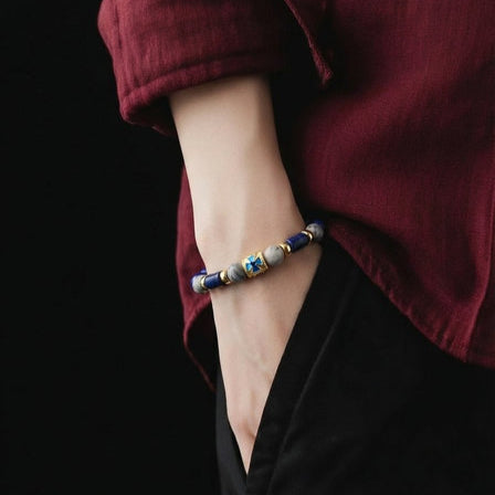 AEGEAN Silver 925 Bracelet, Gold plated, Mat Picasso cross lapis stone — view 2 | Castello Jewels