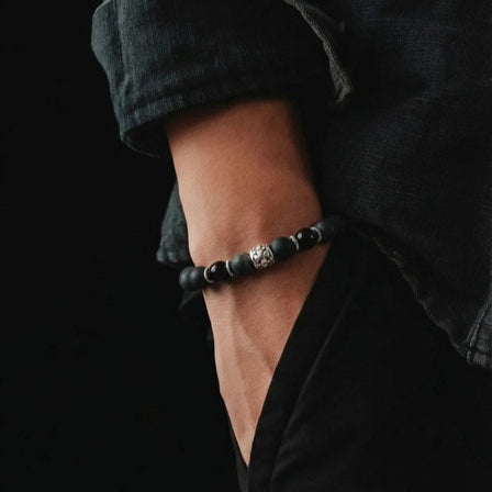 Hand Made Silver Bracelet Knights, Obsidian, Onyx Polish stone 8mm — view 2 | Castello Jewels