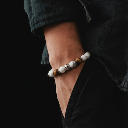 Hand Made Silver Bracelet Knights, Howlite, Tiger Eye Mat stone 8mm — view 2 | Castello Jewels