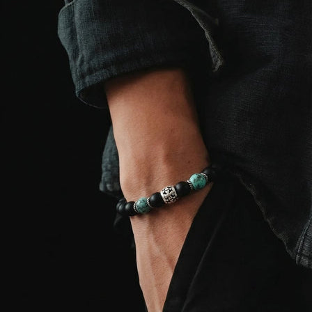 Hand Made Silver Bracelet Knights, Onyx mat, African Turquoise stone 8mm — view 2 | Castello Jewels