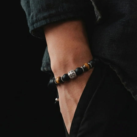 Hand Made Silver Bracecelet Knights, Onyx Mat, Tiger Eye stone 8mm — view 2 | Castello Jewels